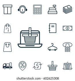 Set Of 16 E-Commerce Icons. Includes Callcentre, Box, Dollar Banknote And Other Symbols. Beautiful Design Elements.