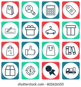 Set Of 16 E-Commerce Icons. Includes Present, Finance, Bookshelf And Other Symbols. Beautiful Design Elements.