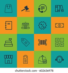 Set Of 16 E-Commerce Icons. Includes Outgoing Earnings, Spiral Notebook, Employee And Other Symbols. Beautiful Design Elements.