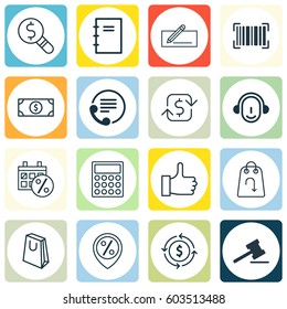 Set Of 16 E-Commerce Icons. Includes Black Friday, Discount Location, Calculator And Other Symbols. Beautiful Design Elements.