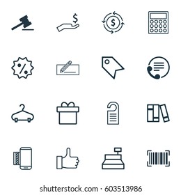 Set Of 16 E-Commerce Icons. Includes Present, Calculator, Finance And Other Symbols. Beautiful Design Elements.