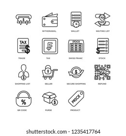 Set Of 16 ecommerce and payment linear icons such as Price tag, Product, Purse, Qr code, Refund, undefined, Trade, Shopping list, Swiss franc, editable stroke icon pack, pixel perfect