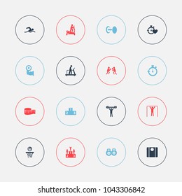Set of 16 editable active icons. Includes symbols such as podium, weighing machine, ranking and more. Can be used for web, mobile, UI and infographic design.