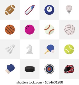 Set of 16 editable active icons flat style. Includes symbols such as bowling, rugby, table and more. Can be used for web, mobile, UI and infographic design.