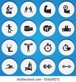 Set Of 16 Editable Active Icons. Includes Symbols Such As Football, Training Pool, Acrobat And More. Can Be Used For Web, Mobile, UI And Infographic Design.