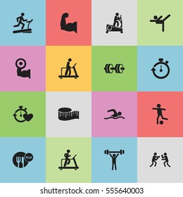 Set Of 16 Editable Active Icons. Includes Symbols Such As Barbell, Fight, Heavy Training And More. Can Be Used For Web, Mobile, UI And Infographic Design.