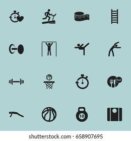 Set Of 16 Editable Active Icons. Includes Symbols Such As Basketball, Street Workout, Strength And More. Can Be Used For Web, Mobile, UI And Infographic Design.