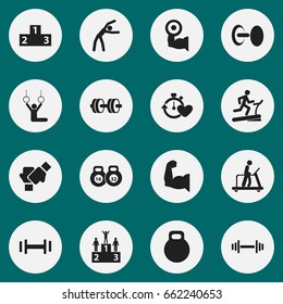 Set Of 16 Editable Active Icons. Includes Symbols Such As Biceps, Heavy Training, Barbell And More. Can Be Used For Web, Mobile, UI And Infographic Design.