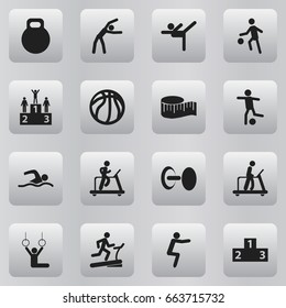 Set Of 16 Editable Active Icons. Includes Symbols Such As Acrobatics, Competition, Basket Play And More. Can Be Used For Web, Mobile, UI And Infographic Design.