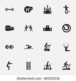 Set Of 16 Editable Active Icons. Includes Symbols Such As Healthy Food, Workout, Platform For Winner And More. Can Be Used For Web, Mobile, UI And Infographic Design.