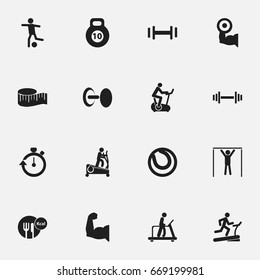 Set Of 16 Editable Active Icons. Includes Symbols Such As Executing Running, Football, Strength And More. Can Be Used For Web, Mobile, UI And Infographic Design.