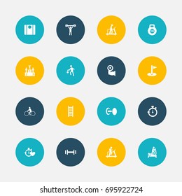 Set Of 16 Editable Active Icons. Includes Symbols Such As Stairway, Health Time, Executing Running And More. Can Be Used For Web, Mobile, UI And Infographic Design.