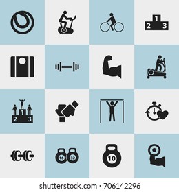 Set Of 16 Editable Active Icons. Includes Symbols Such As Bicycle Rider, Platform For Winner, Training Bicycle And More. Can Be Used For Web, Mobile, UI And Infographic Design.