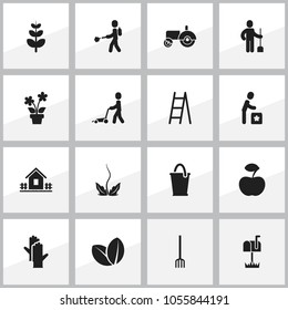 Set of 16 editable agriculture icons. Includes symbols such as tractor, frond, garden house and more. Can be used for web, mobile, UI and infographic design.