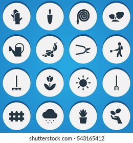 Set Of 16 Editable Agriculture Icons. Includes Symbols Such As Working Gloves, Hay Fork, Farm Tool And More. Can Be Used For Web, Mobile, UI And Infographic Design.