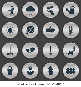 Set Of 16 Editable Agriculture Icons. Includes Symbols Such As Vacuum Cleaner, Farm Tool, Rainy Cloud And More. Can Be Used For Web, Mobile, UI And Infographic Design.