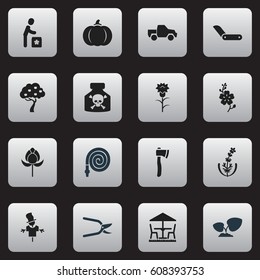 Set Of 16 Editable Agriculture Icons. Includes Symbols Such As Bugaboo, Gourd, Fruit Woods And More. Can Be Used For Web, Mobile, UI And Infographic Design.