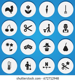 Set Of 16 Editable Agriculture Icons. Includes Symbols Such As Root Vegetable, Beauty Flower, Temperature And More. Can Be Used For Web, Mobile, UI And Infographic Design.