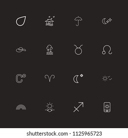 Set of 16 editable air icons line style. Includes symbols such as midnight, sagittarius, water cycle and more. Can be used for web, mobile, UI and infographic design.