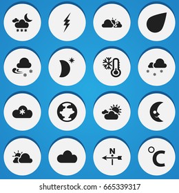 Set Of 16 Editable Air Icons. Includes Symbols Such As High Voltage, Snowy Sky, Frost Temperature And More. Can Be Used For Web, Mobile, UI And Infographic Design.
