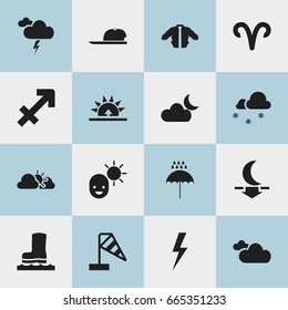 Set Of 16 Editable Air Icons. Includes Symbols Such As Lunar, Wind Measurement, Coat And More. Can Be Used For Web, Mobile, UI And Infographic Design.