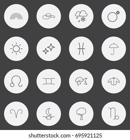 Set Of 16 Editable Air Outline Icons. Includes Symbols Such As Freeze, Gingham, Rainbow And More. Can Be Used For Web, Mobile, UI And Infographic Design.
