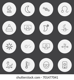 Set Of 16 Editable Air Outline Icons. Includes Symbols Such As Moon Up, Thermometer, Solar And More. Can Be Used For Web, Mobile, UI And Infographic Design.