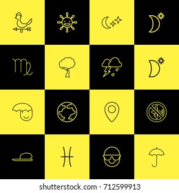 Set Of 16 Editable Air Outline Icons. Includes Symbols Such As Twins, Timber, Crescent With Star And More. Can Be Used For Web, Mobile, UI And Infographic Design.