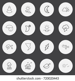 Set Of 16 Editable Air Outline Icons. Includes Symbols Such As Crescent With Star, Sunup, Evergreen And More. Can Be Used For Web, Mobile, UI And Infographic Design.