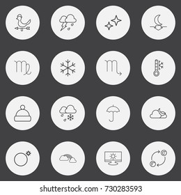 Set Of 16 Editable Air Outline Icons. Includes Symbols Such As Weather After Rain, Flash, Freeze And More. Can Be Used For Web, Mobile, UI And Infographic Design.