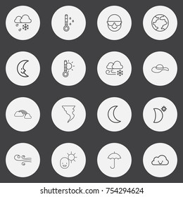 Set Of 16 Editable Air Outline Icons. Includes Symbols Such As Happy Overcast, Crescent With Star, Weather After Rain And More. Can Be Used For Web, Mobile, UI And Infographic Design.