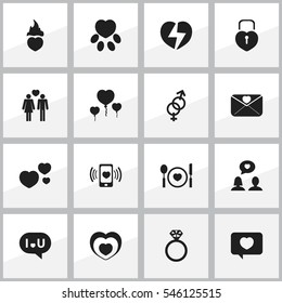 Set Of 16 Editable Amour Icons. Includes Symbols Such As Smartphone, Cutlery, Confession Of Love And More. Can Be Used For Web, Mobile, UI And Infographic Design.