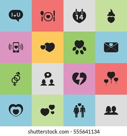 Set Of 16 Editable Amour Icons. Includes Symbols Such As Smartphone, Confession Of Love, Wedlock And More. Can Be Used For Web, Mobile, UI And Infographic Design.