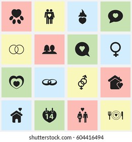 Set Of 16 Editable Amour Icons. Includes Symbols Such As Engagement, Fire Loving, Home And More. Can Be Used For Web, Mobile, UI And Infographic Design.