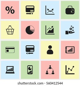 Set Of 16 Editable Analytics Icons. Includes Symbols Such As Percent, Trading Purse, Circle Diagram And More. Can Be Used For Web, Mobile, UI And Infographic Design.