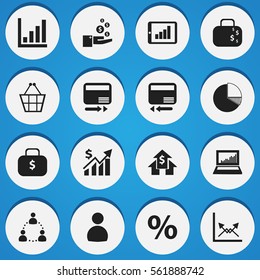 Set Of 16 Editable Analytics Icons. Includes Symbols Such As Trading Purse, User, Money Bag And More. Can Be Used For Web, Mobile, UI And Infographic Design.