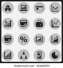Set Of 16 Editable Analytics Icons. Includes Symbols Such As Equalizer Display, Circle Diagram, Bar Chart And More. Can Be Used For Web, Mobile, UI And Infographic Design.