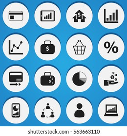 Set Of 16 Editable Analytics Icons. Includes Symbols Such As Percent, Profit, Money Bag And More. Can Be Used For Web, Mobile, UI And Infographic Design.