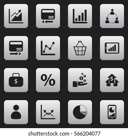 Set Of 16 Editable Analytics Icons. Includes Symbols Such As Credit Card, Banking House, Progress And More. Can Be Used For Web, Mobile, UI And Infographic Design.