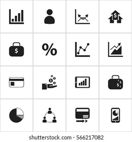 Set Of 16 Editable Analytics Icons. Includes Symbols Such As Money Bag, Percent, Statistic And More. Can Be Used For Web, Mobile, UI And Infographic Design.