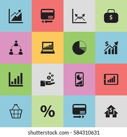 Set Of 16 Editable Analytics Icons. Includes Symbols Such As Credit Card, Schema, Progress And More. Can Be Used For Web, Mobile, UI And Infographic Design.