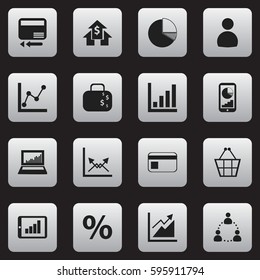 Set Of 16 Editable Analytics Icons. Includes Symbols Such As Credit Card, Schema, Circle Diagram And More. Can Be Used For Web, Mobile, UI And Infographic Design.