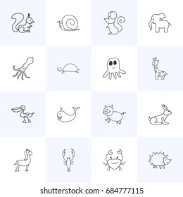 Set Of 16 Editable Animal Doodles. Includes Symbols Such As Elephant, Chipmunk, Tortoise And More. Can Be Used For Web, Mobile, UI And Infographic Design.