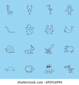 Set Of 16 Editable Animal Doodles. Includes Symbols Such As Squid, Rabbit, Serpent And More. Can Be Used For Web, Mobile, UI And Infographic Design.