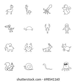 Set Of 16 Editable Animal Doodles. Includes Symbols Such As Slug, Lobster, Swine And More. Can Be Used For Web, Mobile, UI And Infographic Design.