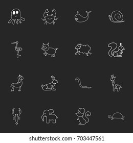 Set Of 16 Editable Animal Doodles. Includes Symbols Such As Swine, Squid, Slug And More. Can Be Used For Web, Mobile, UI And Infographic Design.