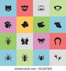 Set Of 16 Editable Animal Icons. Includes Symbols Such As Chimpanzee, Puppy, Bull And More. Can Be Used For Web, Mobile, UI And Infographic Design.