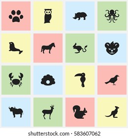 Set Of 16 Editable Animal Icons. Includes Symbols Such As Rhino, Owl, Forepaw And More. Can Be Used For Web, Mobile, UI And Infographic Design.