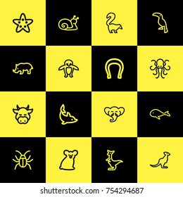 Set Of 16 Editable Animal Outline Icons. Includes Symbols Such As Sloth, Poulpe, Cattle And More. Can Be Used For Web, Mobile, UI And Infographic Design.