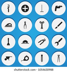 Set of 16 editable apparatus icons. Includes symbols such as cordless polisher, saw, scalpel and more. Can be used for web, mobile, UI and infographic design.